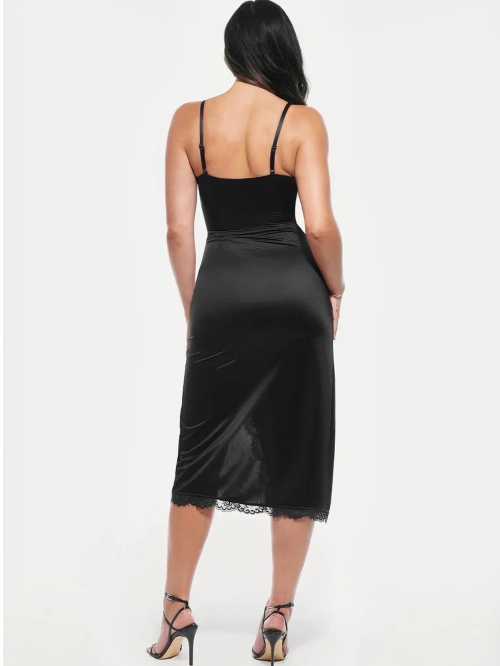 Black Lace Trim Sculpting Floral-Print Midi Dress - Picture 6 of 9